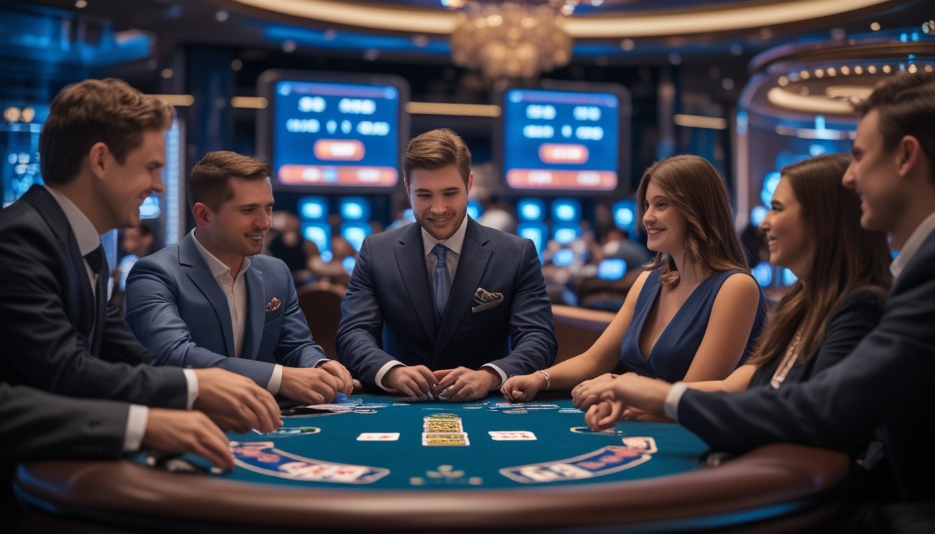 Suasana kasino langsung dengan dealer dan pemain yang sedang bermain permainan kartu casino war secara real-time di meja kasino modern.