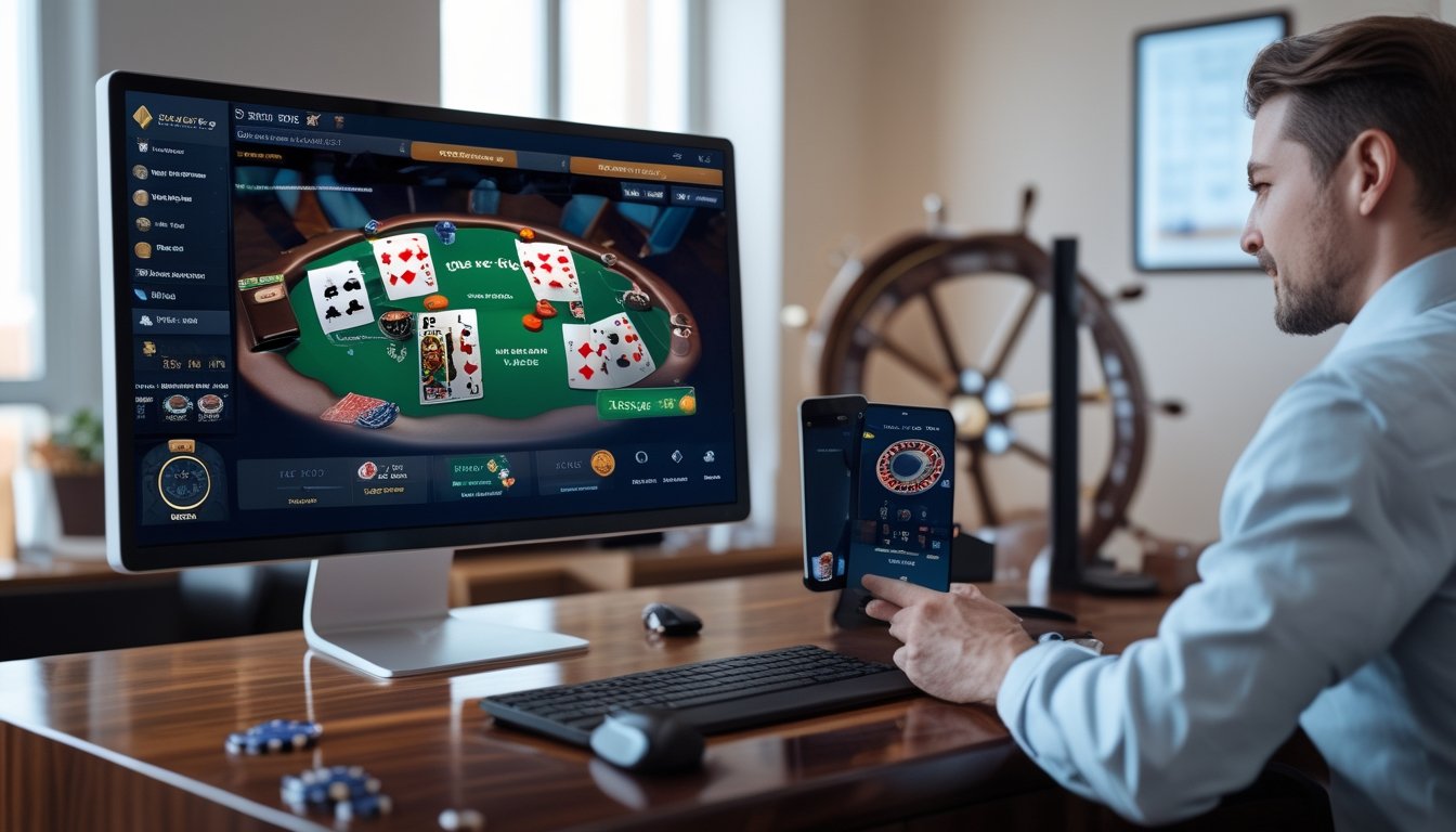 Seorang pengguna berinteraksi dengan perangkat yang menampilkan permainan casino war secara real-time di lingkungan kerja yang rapi dan modern.