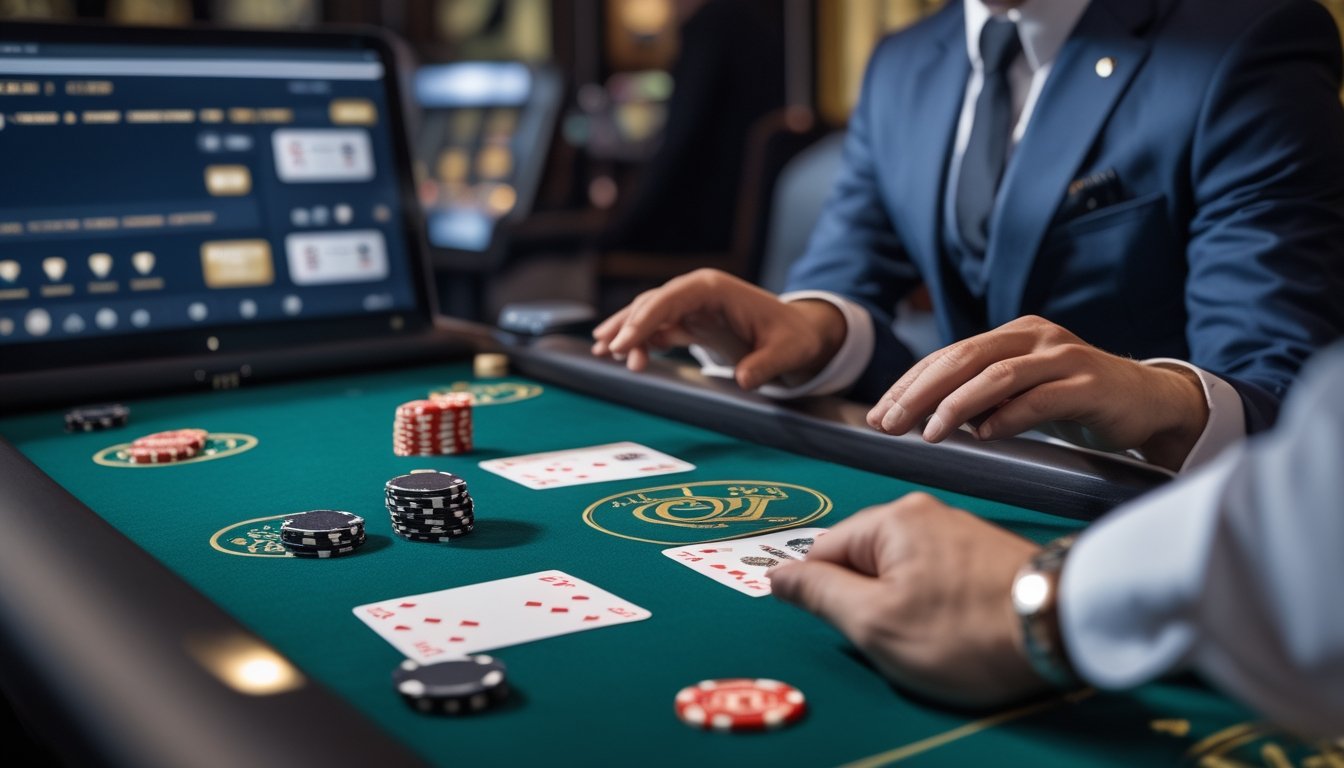 Meja kasino dengan kartu dan chip, dealer melayani pemain melalui layar komputer di kasino online.