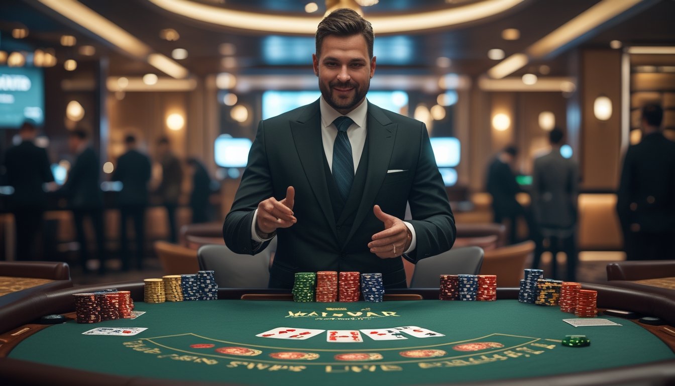 Seorang dealer kasino profesional berdiri di meja permainan Casino War dengan kartu dan chip, di latar belakang suasana kasino yang modern dan ramai.