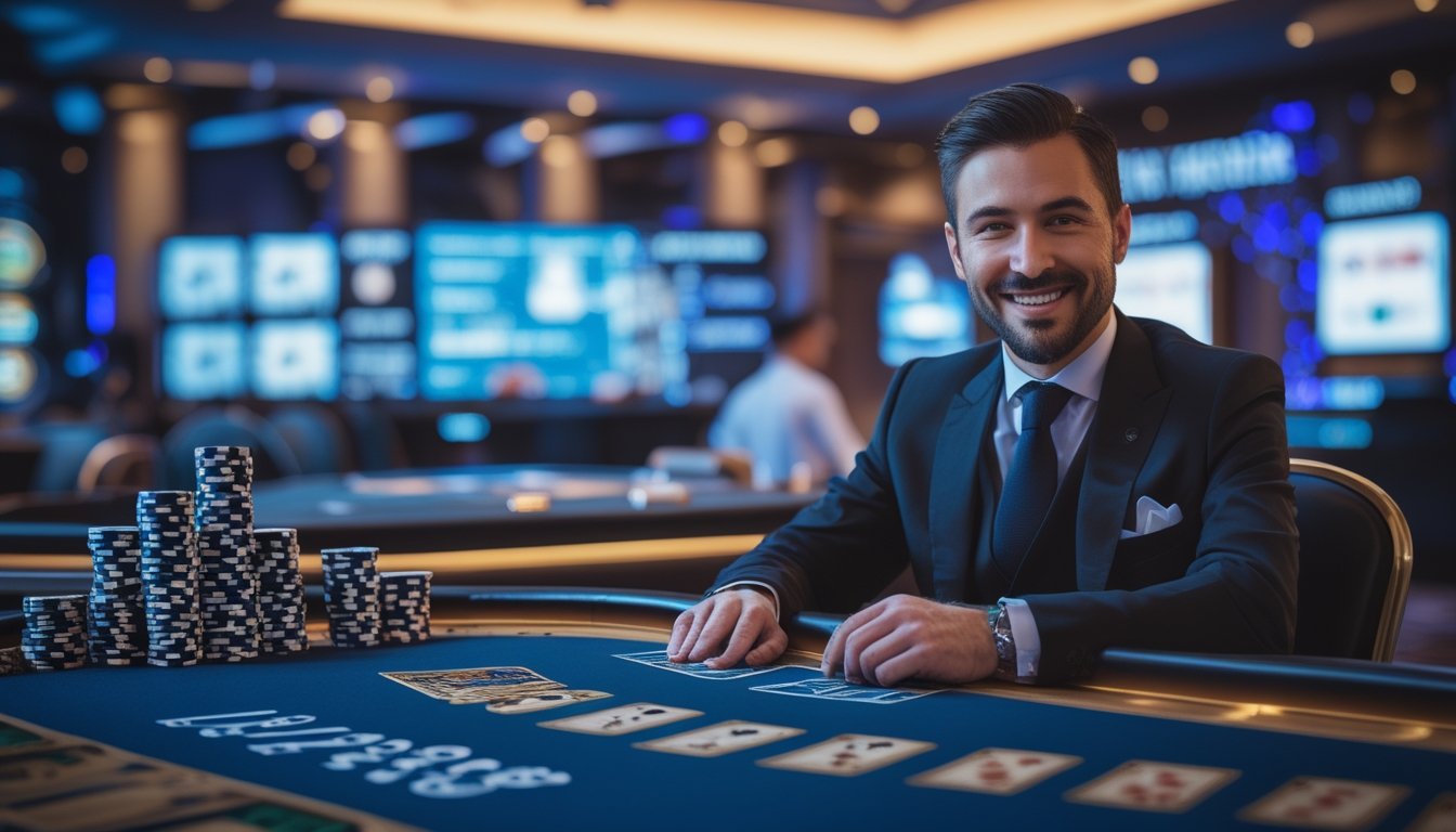 Seorang dealer profesional di meja kasino dengan kartu dan chip, suasana kasino online yang hidup dan interaktif.