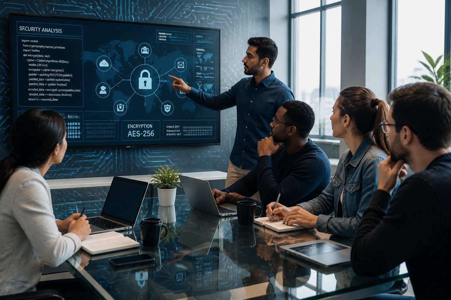 A group of young professionals collaborating around a table with a digital screen showing cybersecurity graphics in a modern office.