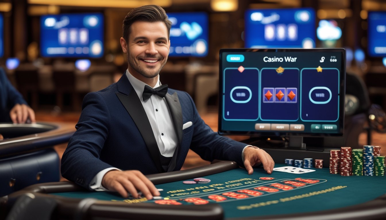Seorang dealer profesional sedang menjalankan permainan Casino War di meja kasino dengan kartu dan chip, di lingkungan kasino online yang modern.