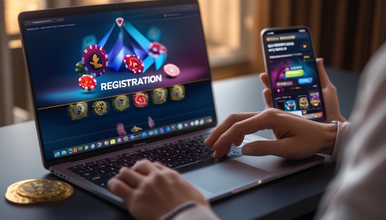 Seseorang sedang mengetik di laptop dengan tampilan permainan kasino online di layar dan ponsel yang menampilkan permainan kasino langsung di sampingnya.