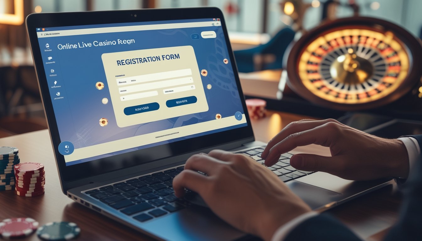 Seseorang sedang mendaftar di situs casino live online menggunakan komputer di meja kerja dengan latar belakang elemen casino seperti kartu dan chip.