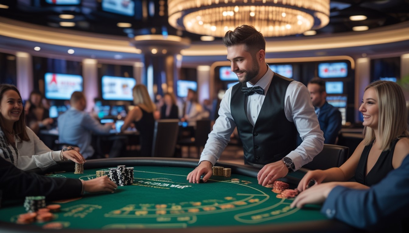 Seorang dealer di meja Casino War dengan pemain di kasino live yang beroperasi 24 jam.