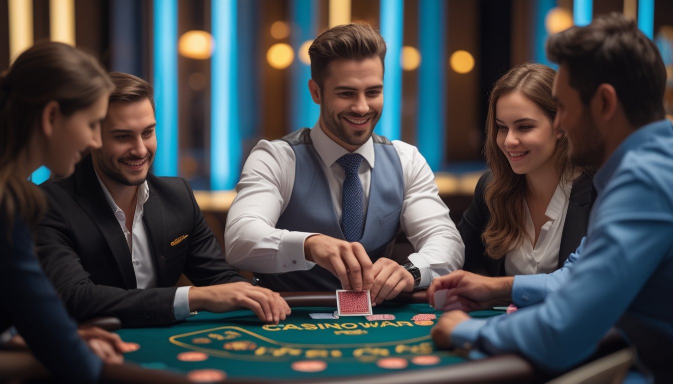 Seorang dealer kasino yang tersenyum sedang membagikan kartu di meja permainan casino war dengan beberapa pemain yang memperhatikan dan tumpukan chip di depan mereka.