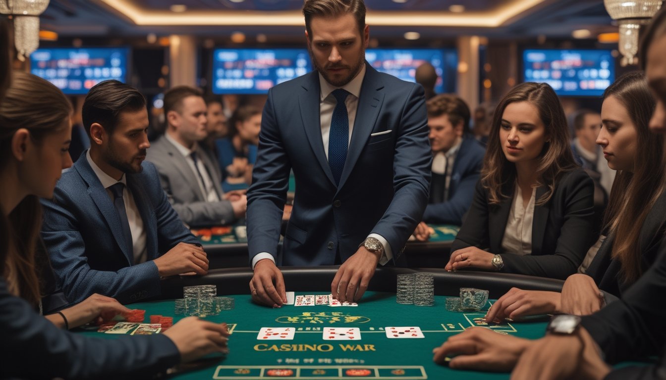 Seorang dealer dan beberapa pemain duduk di meja kasino bermain permainan kartu Casino War dengan suasana kasino langsung yang teratur dan profesional.