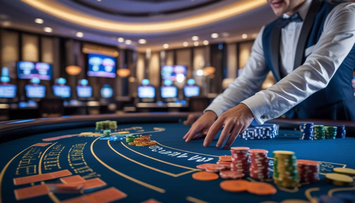 Seorang dealer profesional sedang menjelaskan permainan Casino War di meja kasino dengan kartu dan chip tertata rapi di kasino langsung.