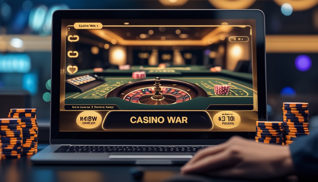 Layar perangkat dengan permainan Casino War online dan suasana kasino modern yang gelap dengan lampu-lampu redup.