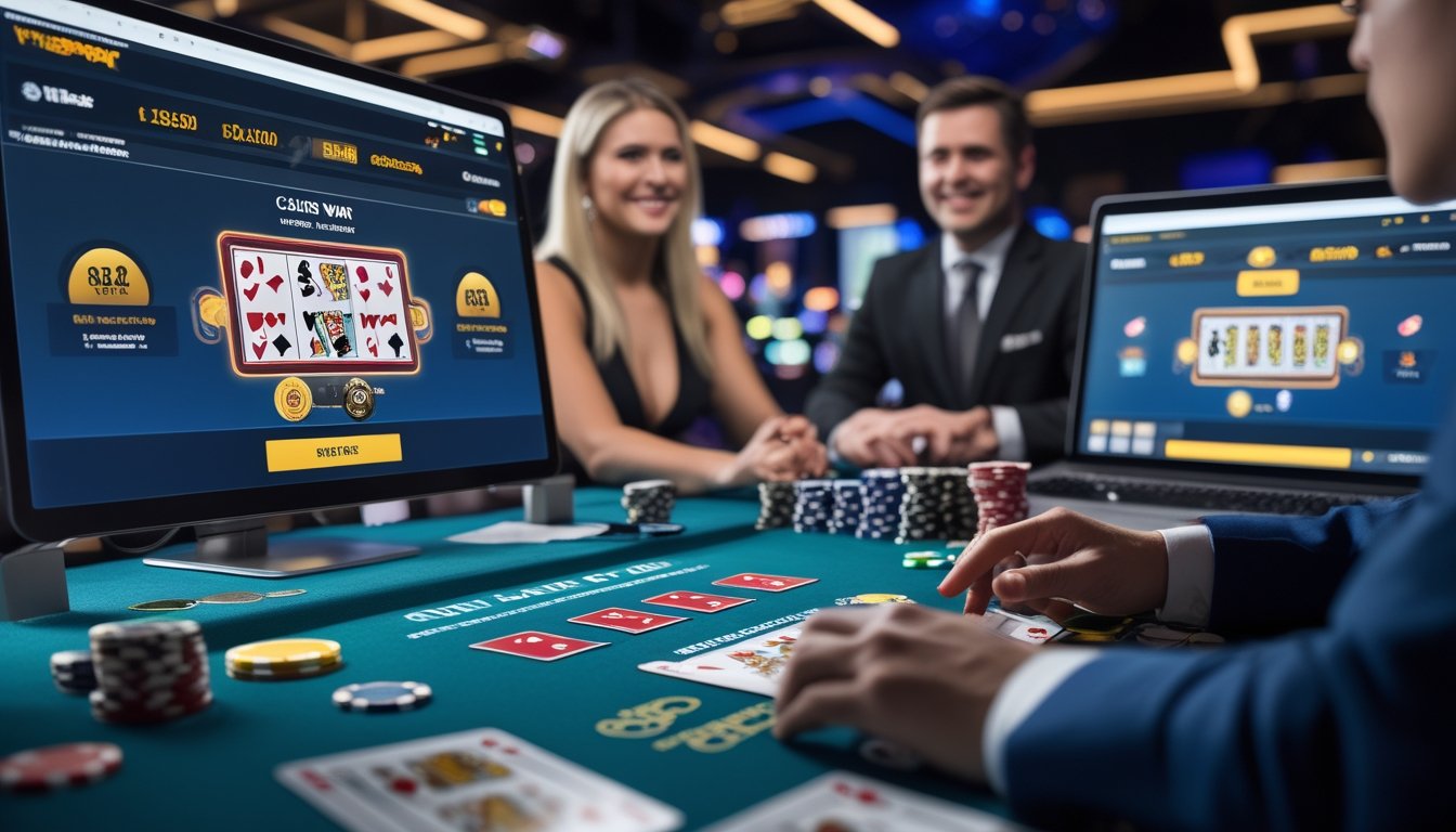 Seorang dealer langsung di kasino online dengan layar komputer dan perangkat mobile menampilkan permainan Casino War dan transaksi cepat.
