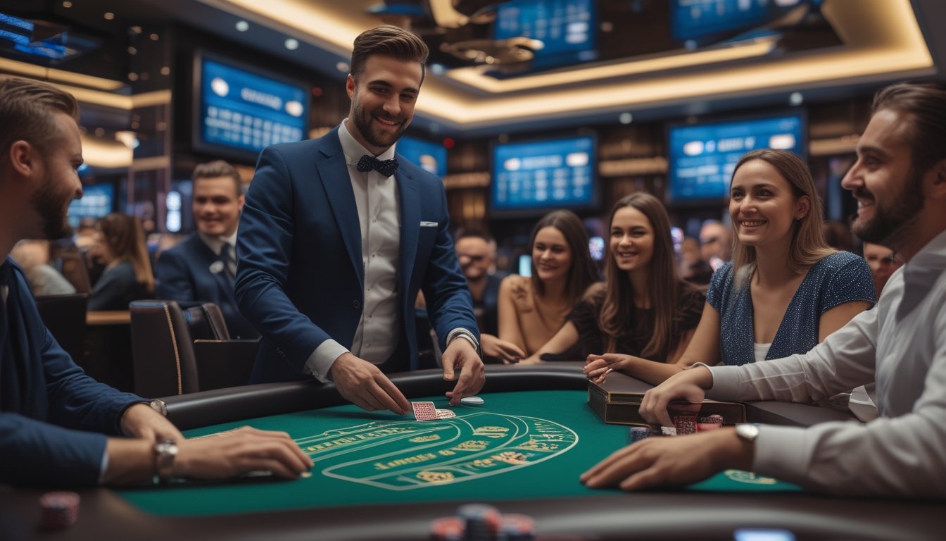 Seorang dealer sedang membagikan kartu di meja kasino dengan beberapa pemain yang antusias di sekitarnya.