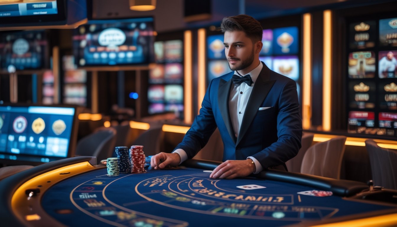 Seorang dealer di meja kasino langsung dengan kartu dan chip, dikelilingi layar yang menampilkan permainan kasino populer.