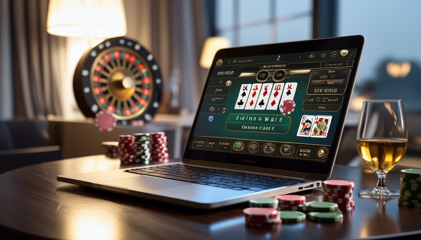 Sebuah setup permainan kasino online dengan layar menampilkan permainan Casino War dan chip kasino di atas meja kayu.