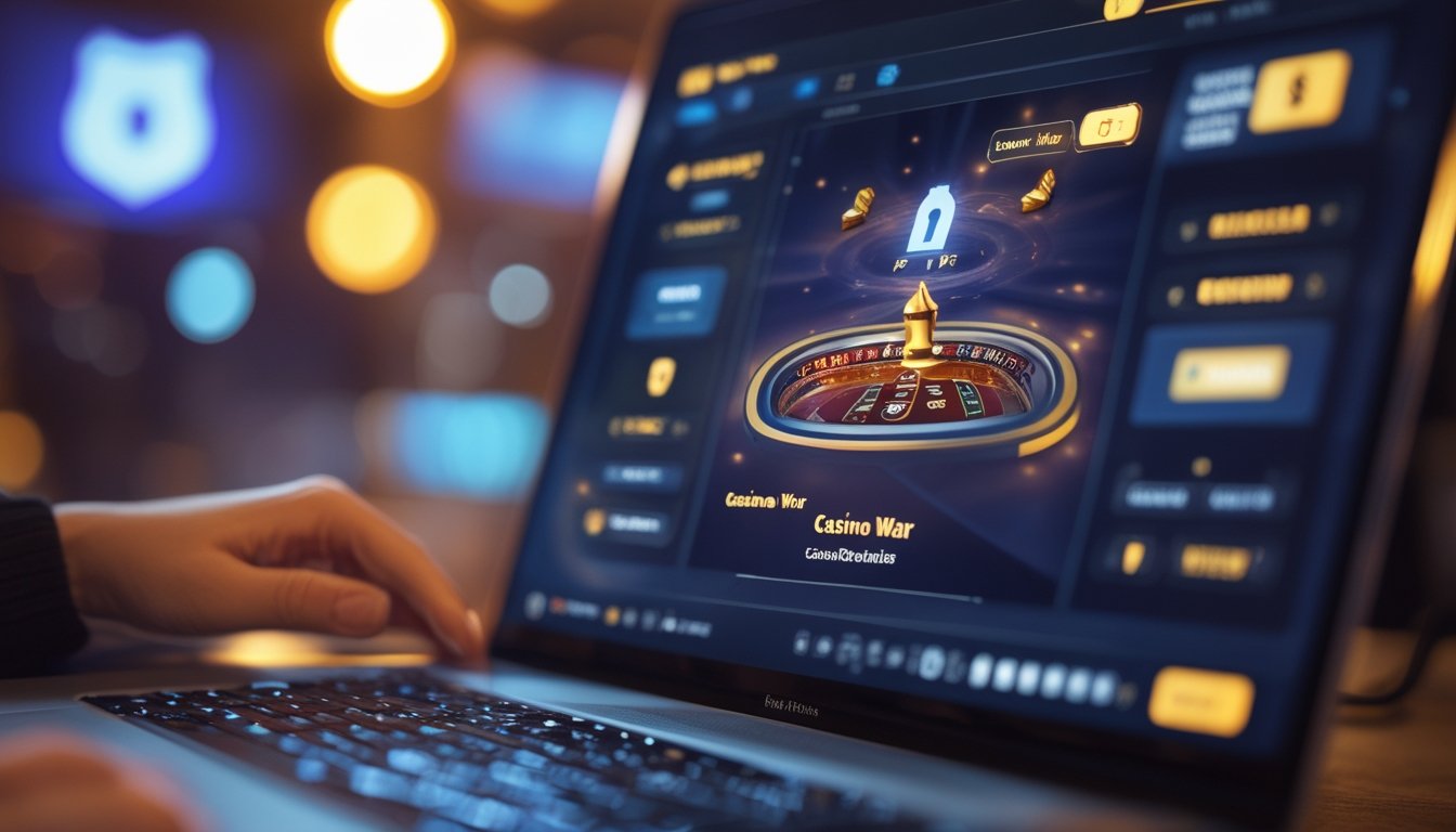 Seorang pemain menggunakan komputer dengan tampilan permainan Casino War secara langsung di layar, menunjukkan suasana permainan kasino online yang terpercaya.