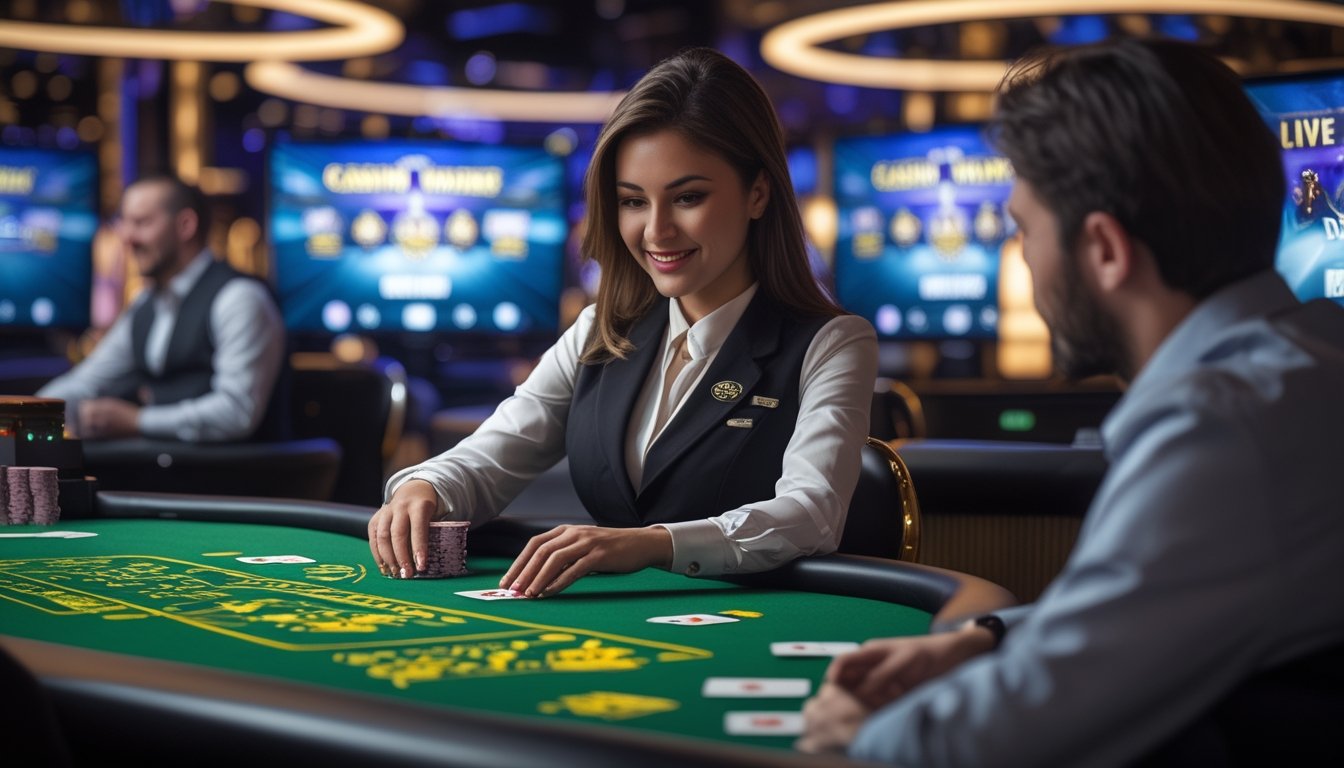 Meja permainan Casino War di kasino online dengan dealer dan pemain yang sedang bermain kartu.