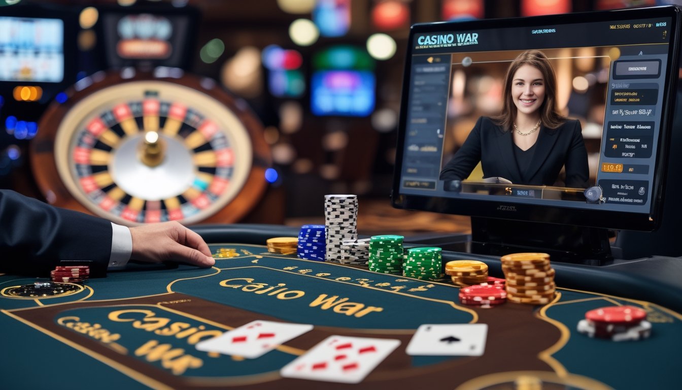 Suasana permainan Casino War di kasino online dengan dealer dan meja permainan yang terlihat jelas.