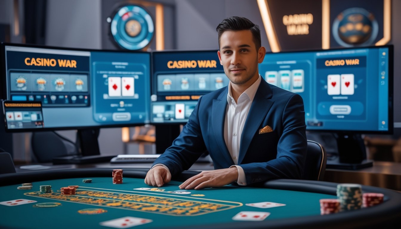 Seorang dealer live casino di meja permainan dengan kartu dan chip, dikelilingi oleh layar komputer yang menampilkan permainan Casino War online.