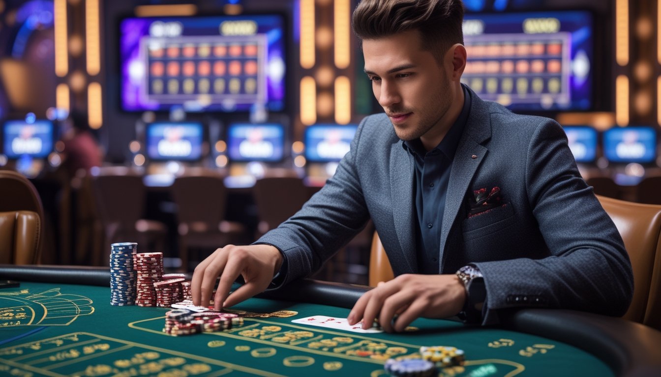 Seorang pemain fokus duduk di meja kasino live dengan kartu dan chip, dealer membagikan kartu di latar belakang.