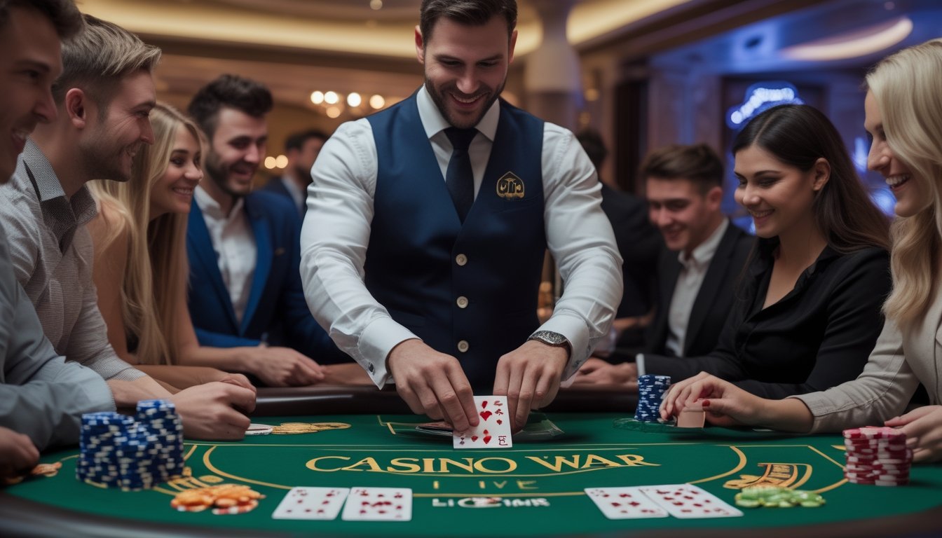 Seorang dealer dan beberapa pemain sedang bermain Casino War di meja kasino dengan suasana yang serius dan fokus.