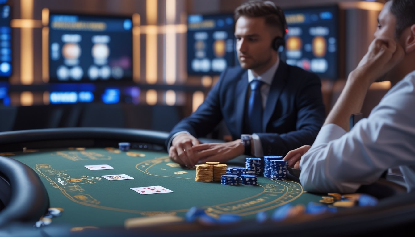 Seorang pemain di meja kasino online yang sedang mengelola chip dengan dealer profesional di latar belakang.