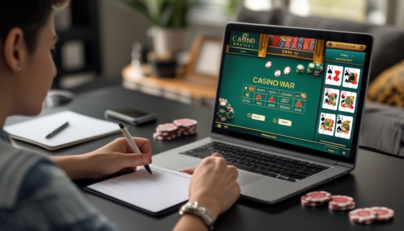 Seseorang duduk di meja dengan laptop yang menampilkan permainan Casino War, mencatat sambil mengelola chip poker dan ponsel di dekatnya.