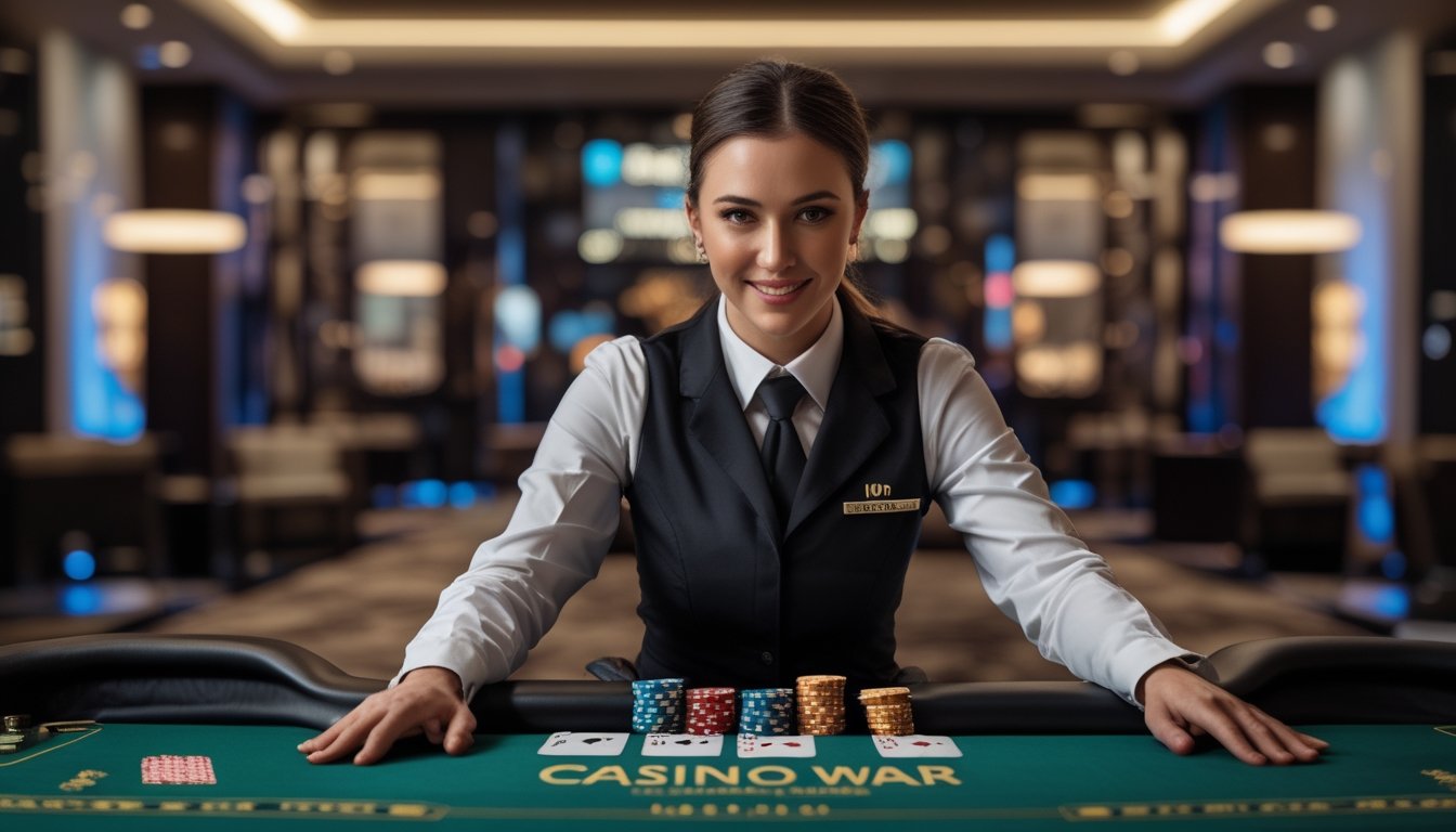 Seorang dealer langsung sedang mengatur permainan Casino War di meja kasino dengan kartu dan chip di depan, dalam suasana kasino yang elegan.