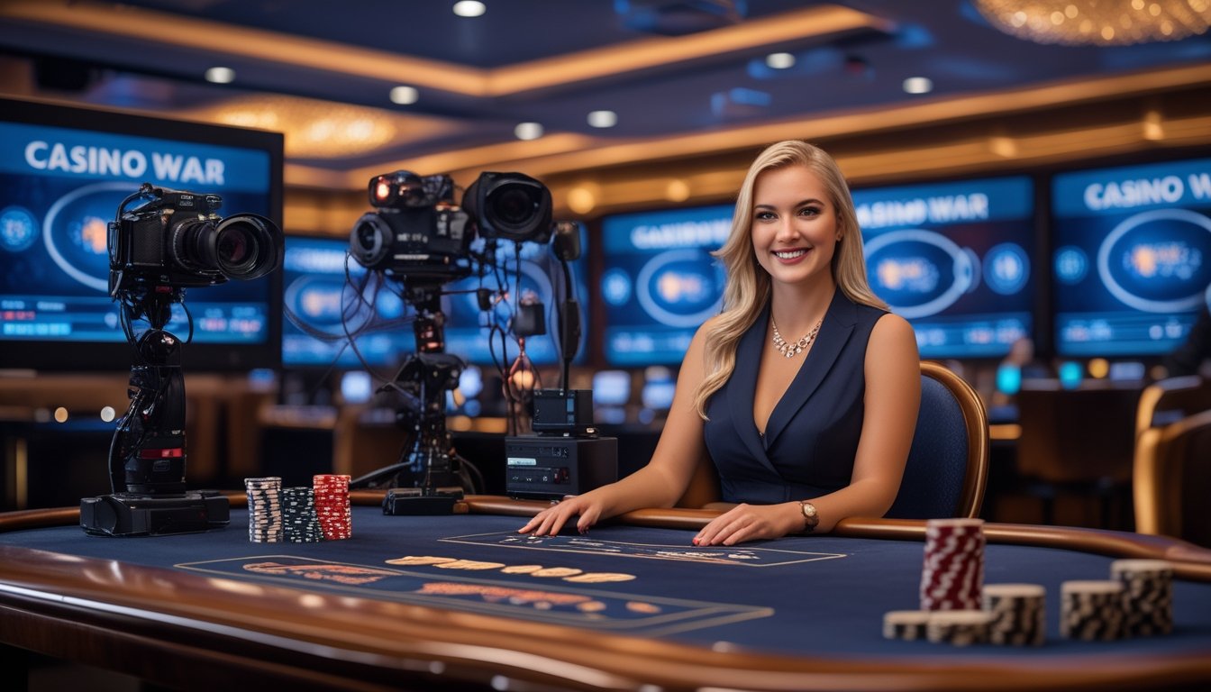 Seorang dealer live yang ramah duduk di meja kasino dengan kartu dan chip, di studio kasino modern dengan peralatan streaming terlihat.