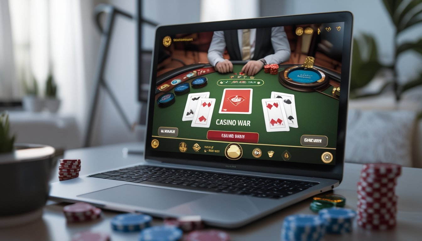 Sebuah meja kasino online dengan layar komputer menampilkan permainan Casino War dan chip kasino di sekitarnya.