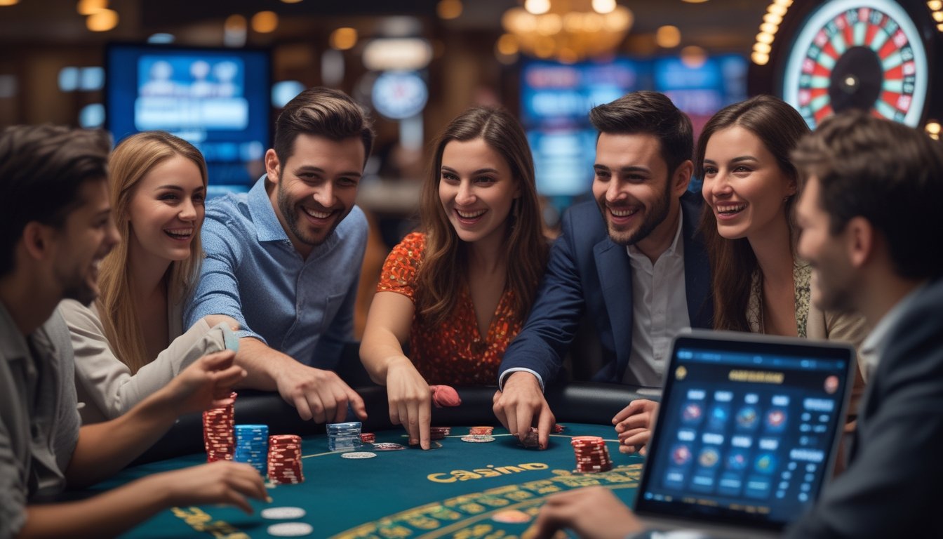 Sekelompok pemain baru yang antusias bermain Casino War secara online dengan dealer langsung menggunakan perangkat digital di meja kasino.