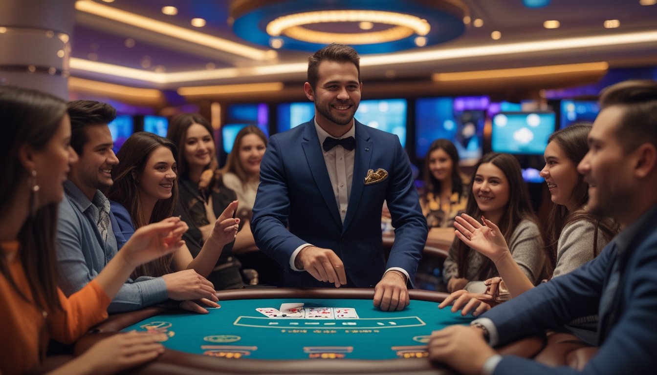 Seorang dealer kasino profesional sedang bermain Casino War dengan beberapa pemain baru yang antusias menggunakan laptop dan ponsel di lingkungan kasino online yang hidup.