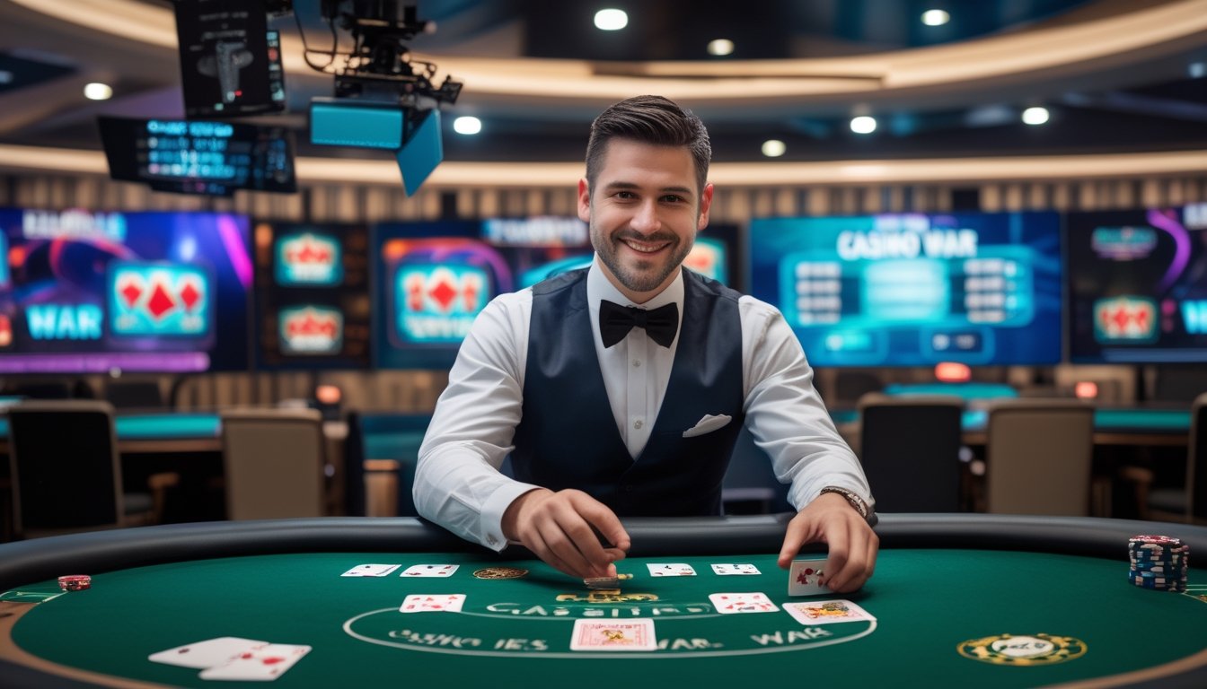Seorang dealer pria sedang membagikan kartu di meja Casino War dalam studio kasino dengan peralatan streaming dan monitor di latar belakang.