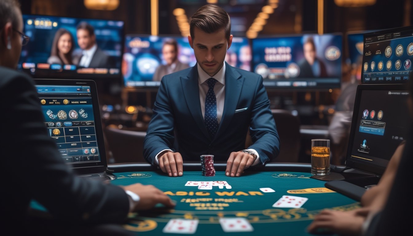 Seorang dealer di meja kasino digital dengan kartu bermain, dikelilingi layar komputer yang menampilkan permainan kasino langsung, dengan pemain yang melihat dari perangkat mereka.