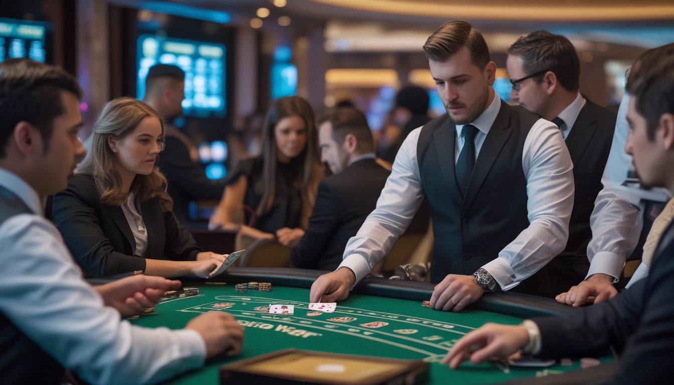 Seorang dealer sedang membagikan kartu di meja Casino War dengan beberapa pemain yang fokus dan serius di sebuah kasino langsung.