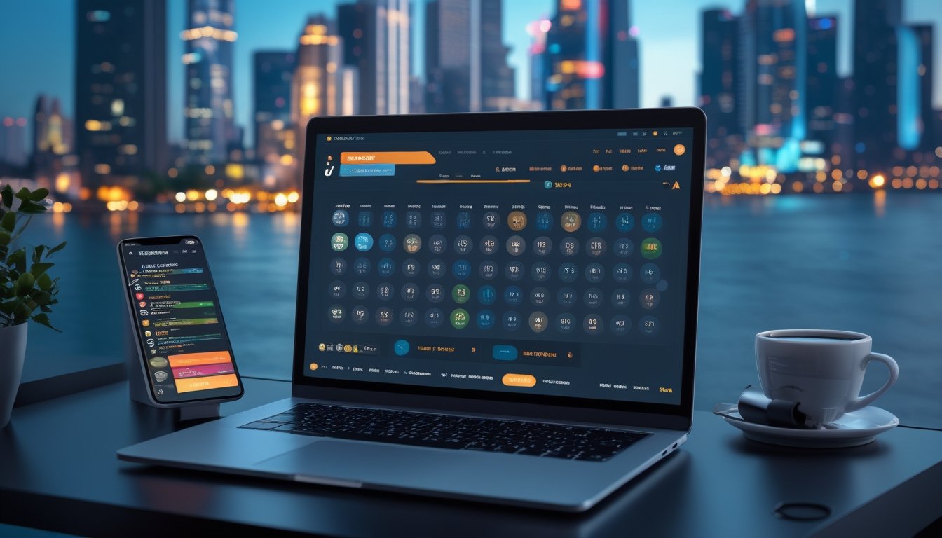 Meja kerja dengan laptop dan ponsel menampilkan antarmuka lotere online, dengan latar belakang pemandangan kota malam hari.