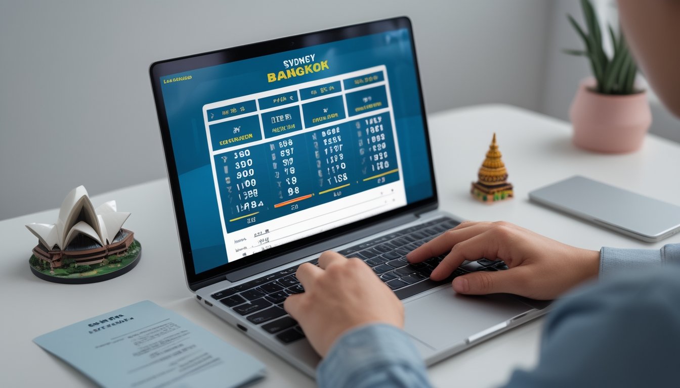 Meja kerja modern dengan laptop yang menampilkan angka lotere digital, di sekitar terdapat miniatur ikon Sydney dan Bangkok, menunjukkan aktivitas judi togel online.