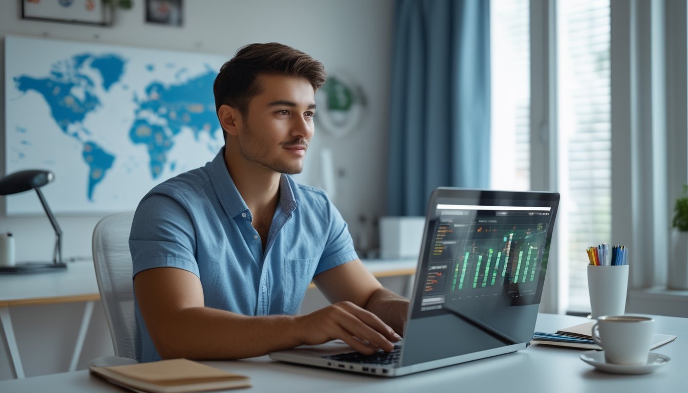 Seorang pria muda duduk di meja kerja dengan laptop, fokus melihat data terkait togel online, dengan peta dunia di latar belakang yang menyoroti Sydney dan Bangkok.