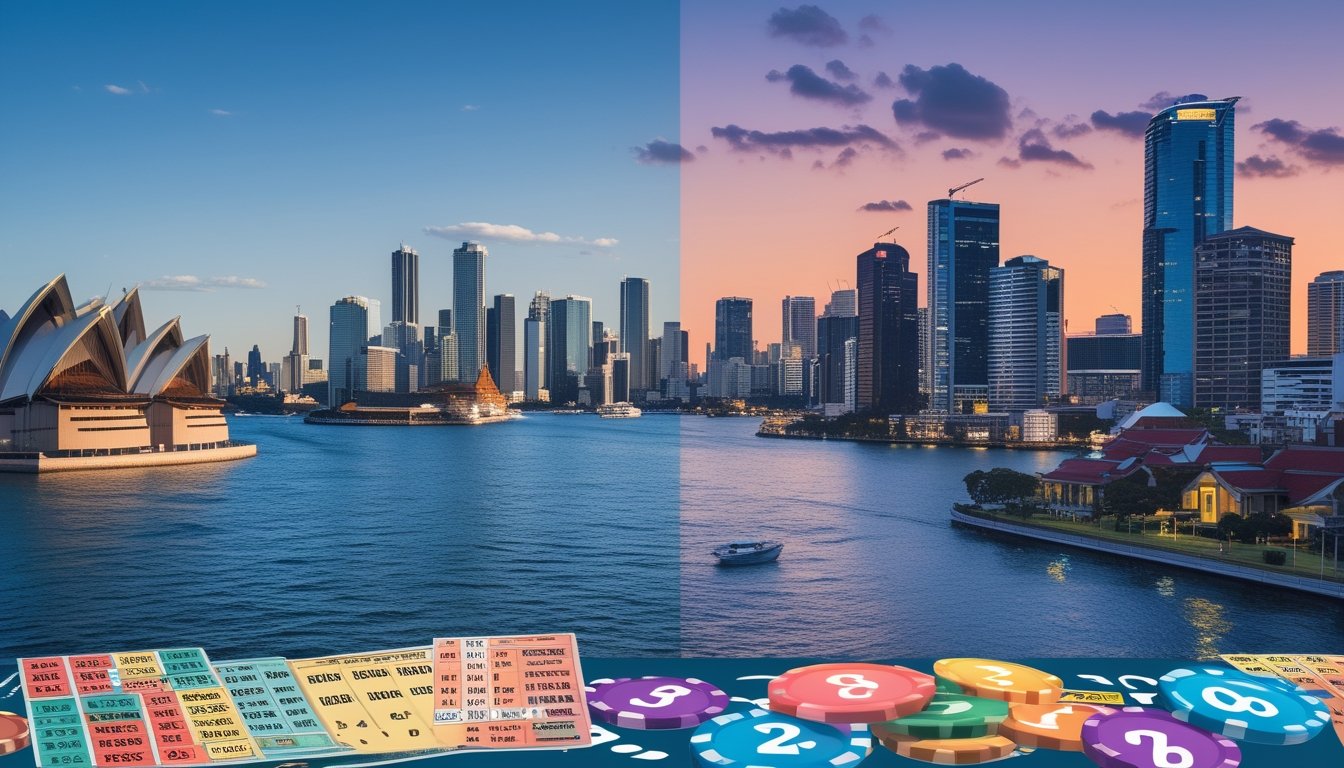 Pemandangan kota Sydney dan Bangkok berdampingan dengan elemen lotere seperti tiket dan angka yang melambangkan perbandingan peluang menang judi togel.