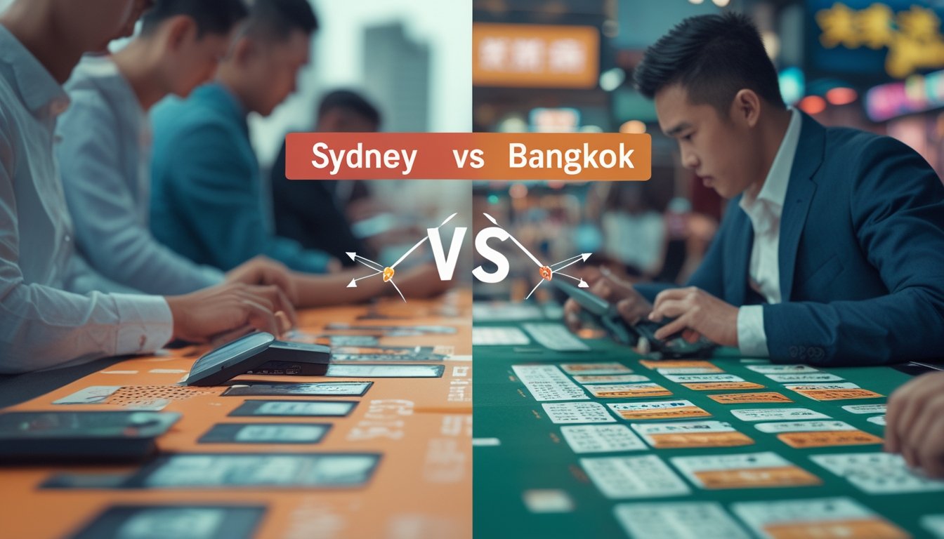 Dua suasana berbeda yang mewakili bandar togel Sydney dan judi togel Bangkok dengan orang-orang yang terlibat dalam aktivitas togel di masing-masing tempat.