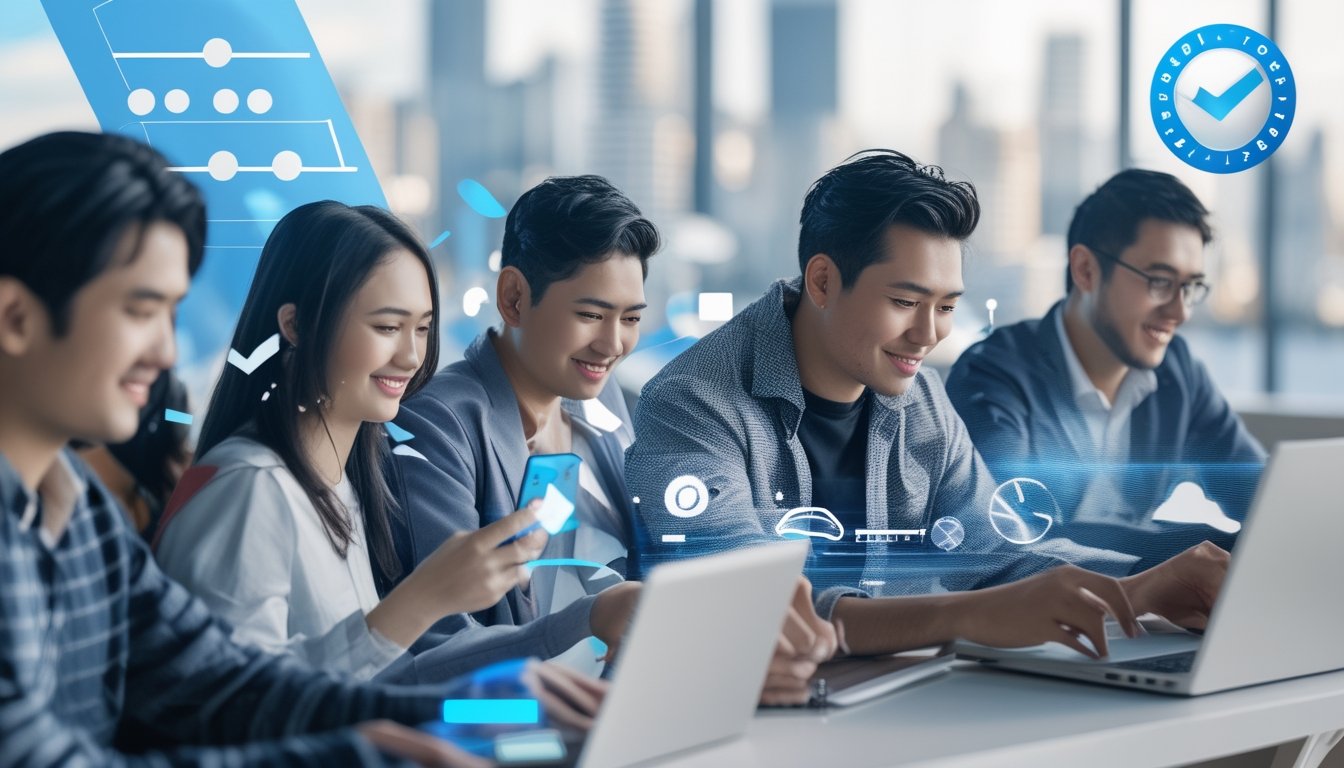 Sekelompok orang menggunakan ponsel dan laptop untuk melakukan transaksi togel dengan latar belakang kota Sydney dan Bangkok yang samar.