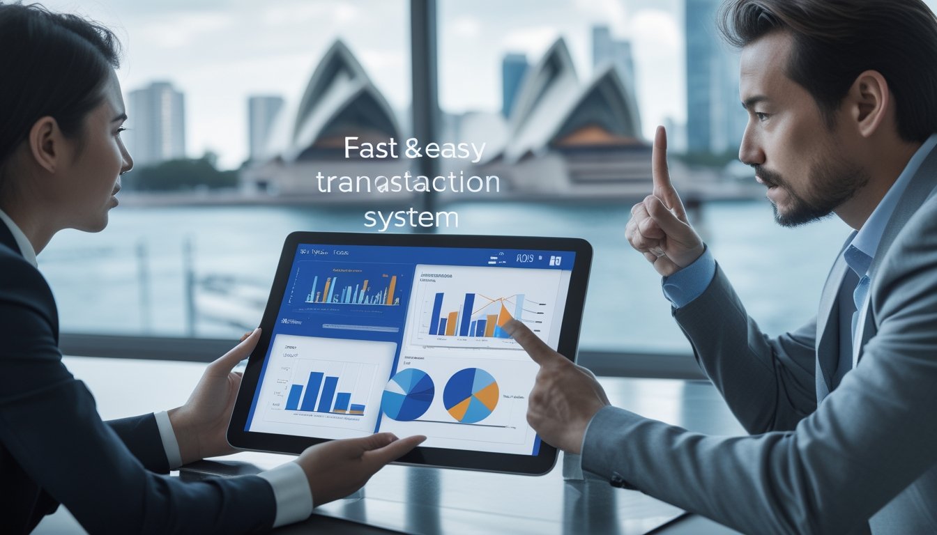 Dua profesional bisnis berdiskusi dengan tablet digital di kantor modern, dengan latar belakang yang menampilkan siluet Sydney dan Bangkok.