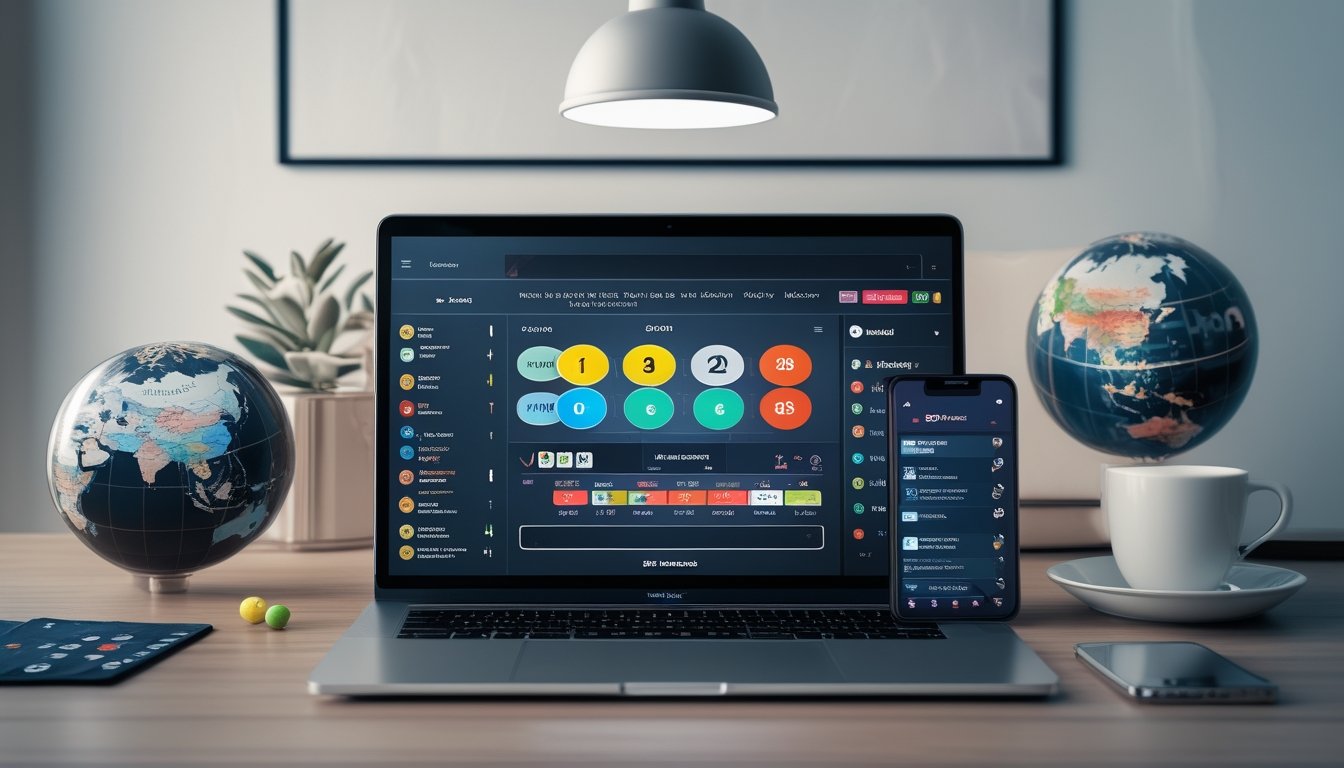 Orang menggunakan laptop dan ponsel untuk bermain judi togel dengan latar belakang meja kerja yang rapi dan bola togel.