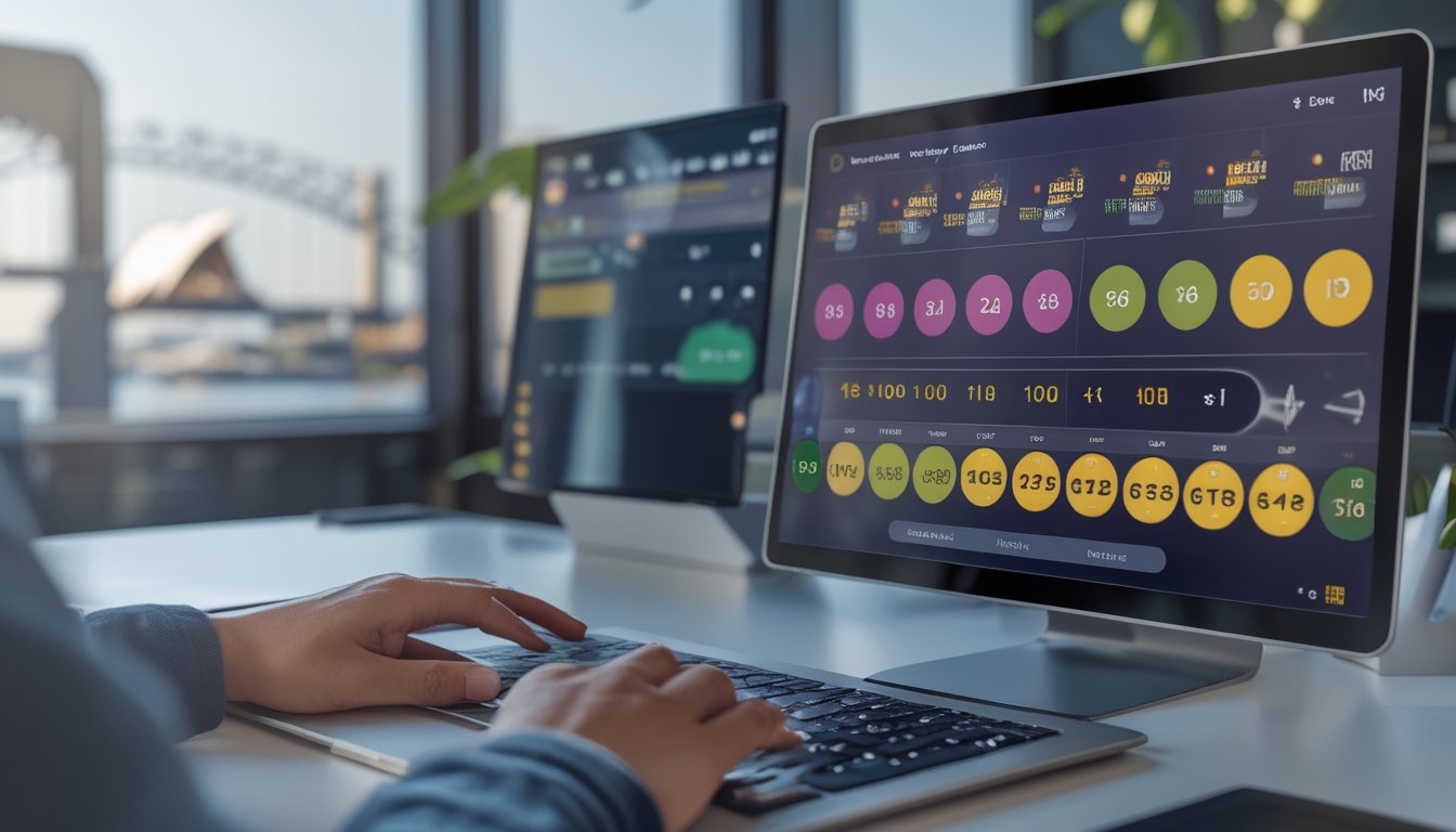 Seseorang menggunakan laptop di meja kerja dengan latar belakang ikon Sydney dan Bangkok, menampilkan suasana bermain judi togel online.