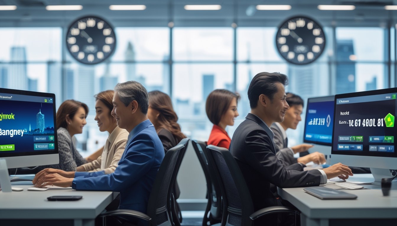 Orang-orang sedang menggunakan komputer di kantor modern dengan latar belakang pemandangan kota Sydney dan Bangkok dan jam yang menunjukkan layanan 24 jam.