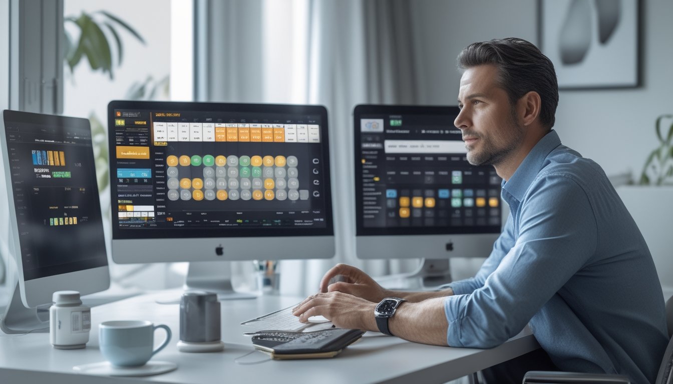 Seorang pria duduk di meja dengan beberapa layar komputer yang menampilkan angka togel dan grafik, sedang fokus menganalisis data di ruang kerja modern.
