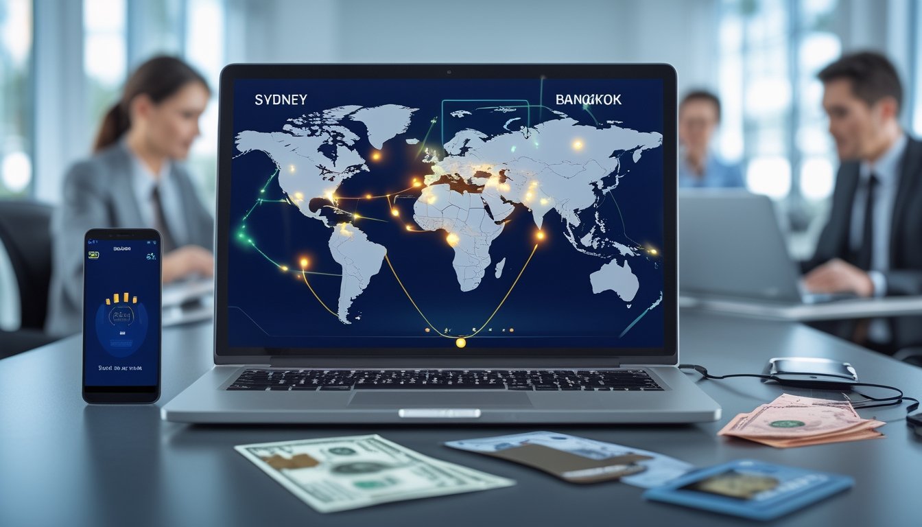 Meja kerja modern dengan laptop yang menampilkan peta dunia menyoroti Sydney dan Bangkok, serta smartphone dan kartu kredit di atas meja, menggambarkan layanan deposit mudah dan penarikan cepat.