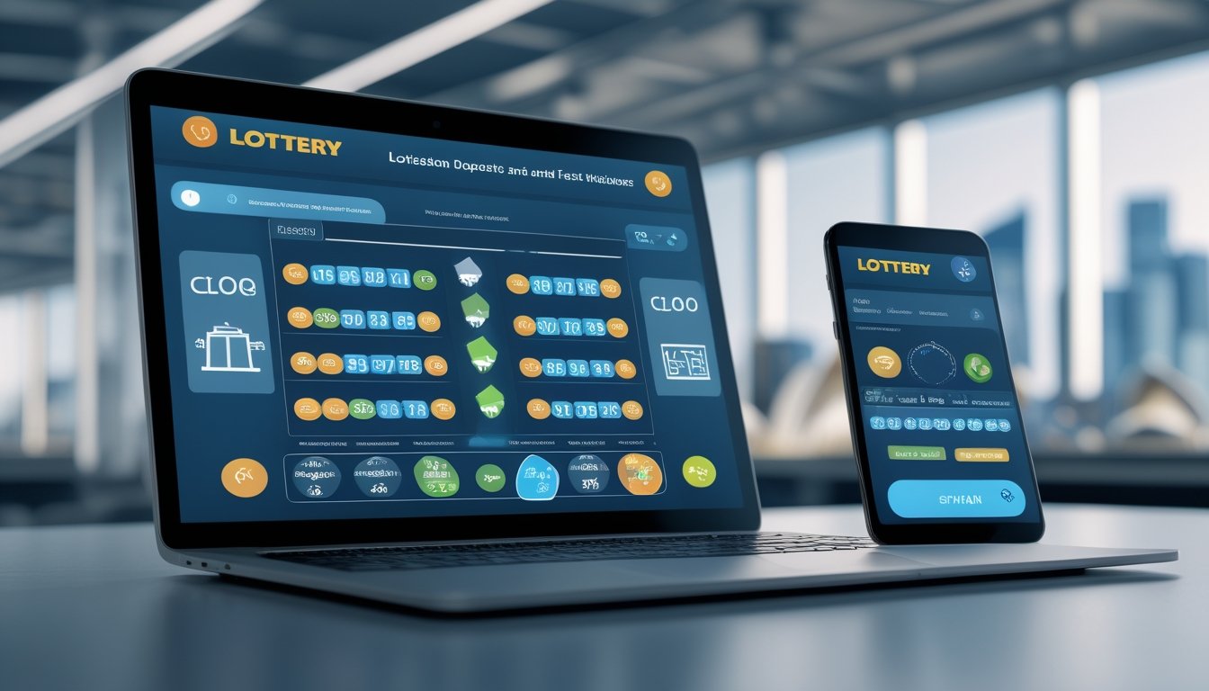 Beberapa perangkat digital menampilkan antarmuka platform lotere dengan angka dan ikon transaksi, di latar belakang terdapat siluet kota Sydney dan Bangkok.
