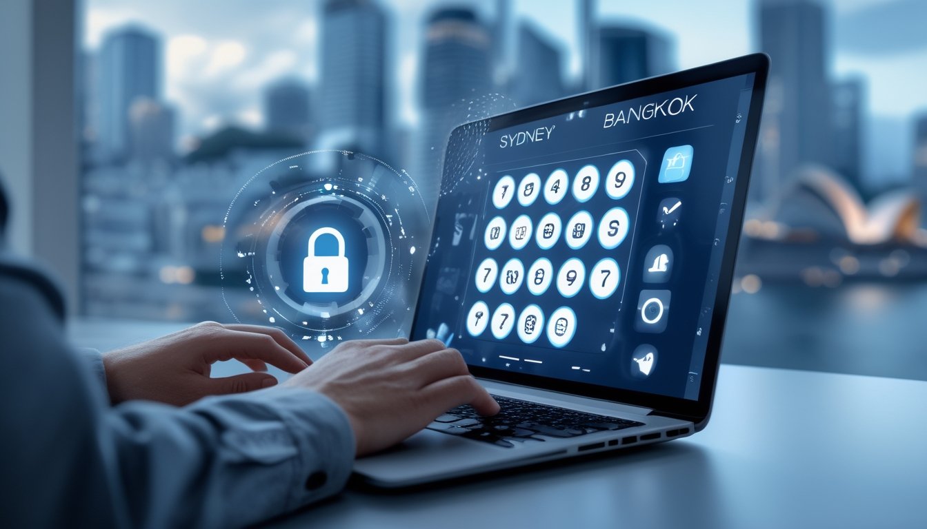 Seseorang menggunakan laptop di kantor dengan latar belakang kota Sydney dan Bangkok, menampilkan konsep keamanan data dalam permainan togel online.