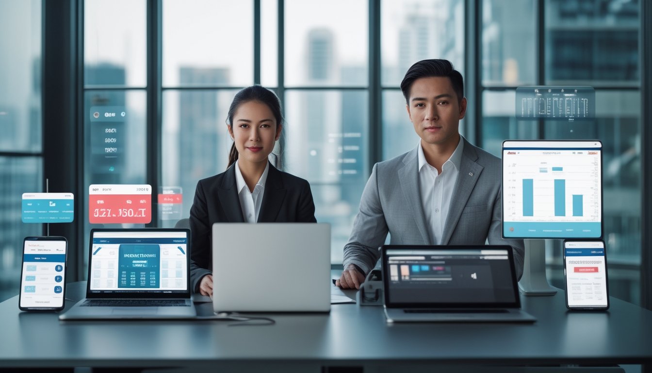 Dua orang profesional sedang fokus bekerja dengan perangkat digital di meja, dengan latar belakang pemandangan kota Sydney dan Bangkok.