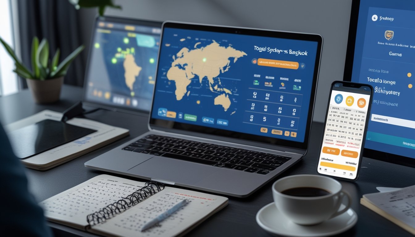Meja kerja dengan laptop, ponsel, tiket togel, dan catatan strategi untuk bermain togel Sydney dan Bangkok.